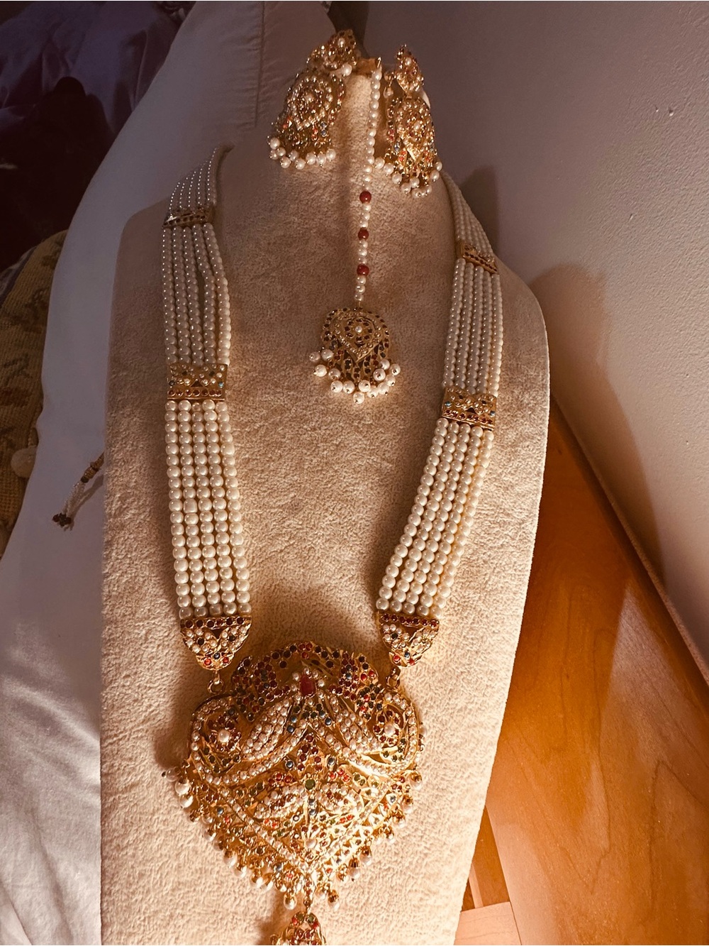 Gold-Tone White Pearl Multi-Strand Bridal Necklace Set with Earrings